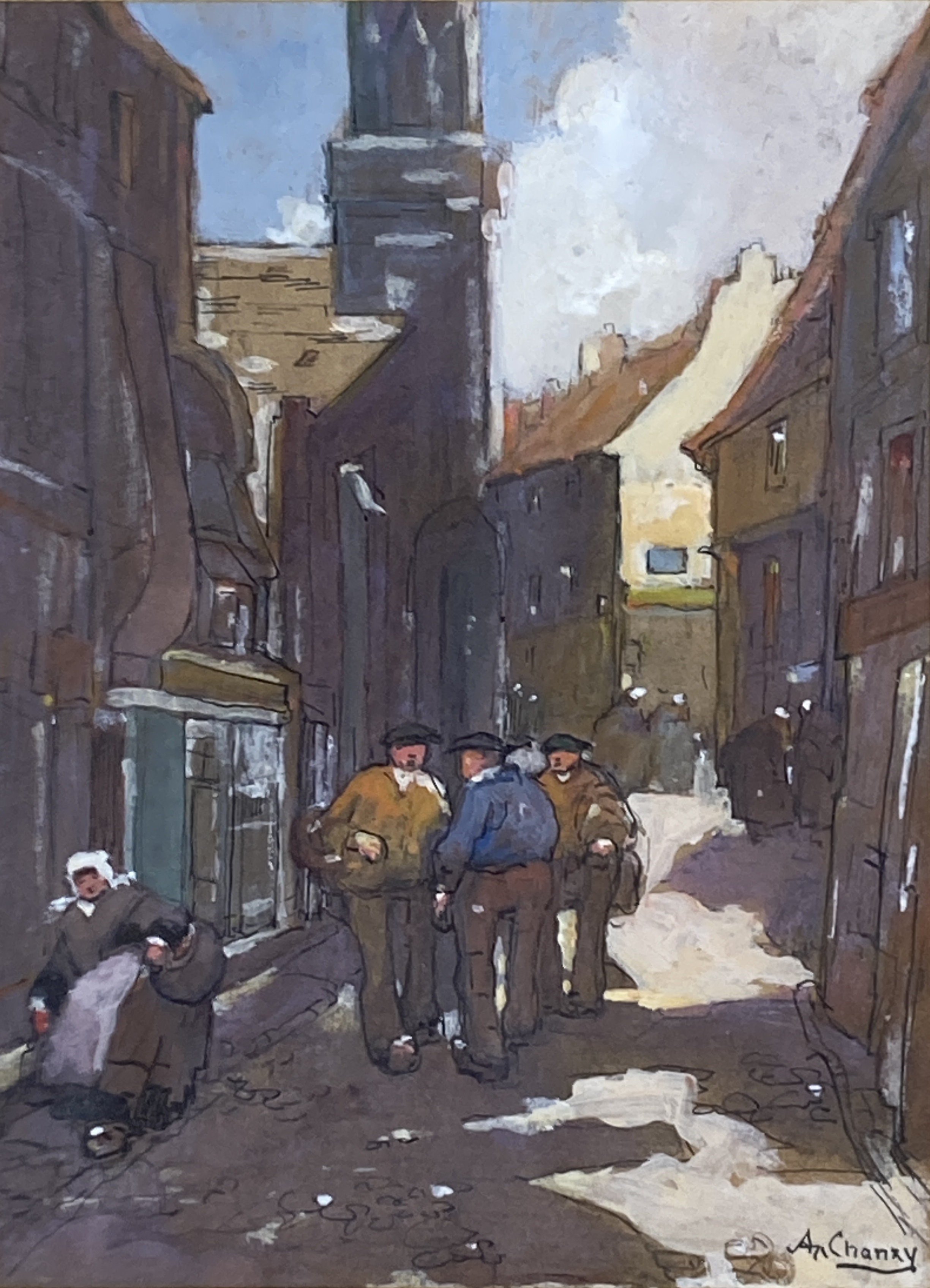 Alfred N. Chanzy, ink and watercolour, Continental street scene, signed, 19 x 14cm